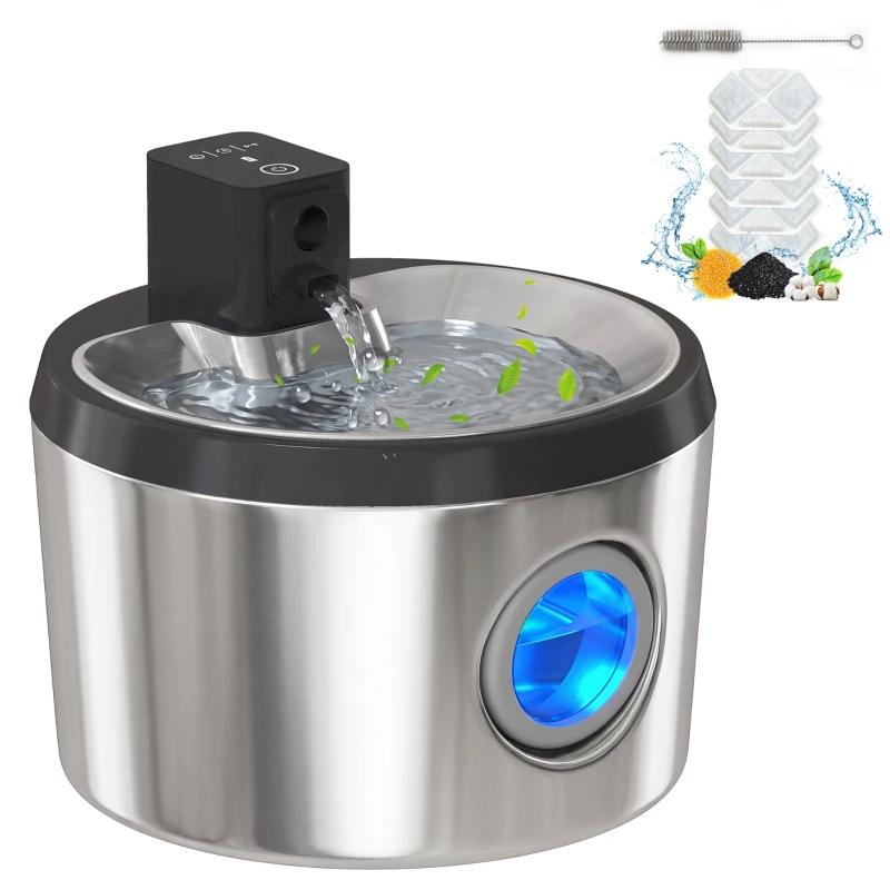 PawHut Wireless Cat Water Fountain for Drinking Stainless Steel, 4L/135oz Battery Operated Cat Fountain Cordless, 6 Filters