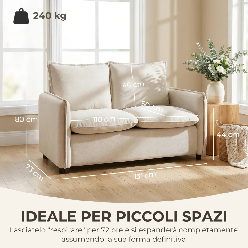 HOMCOM Divano 2 Posti Imbottito in Tessuto Effetto Pelle Traspirante, Imbottitura Spessa, 2 Cuscini, Braccioli, per Soggiorno, Crema