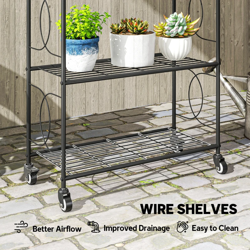 Outsunny 4-Tier Metal Plant Stand, Heavy Duty Ladder Shelf Potted Plants Display Rack with Lockable Wheels