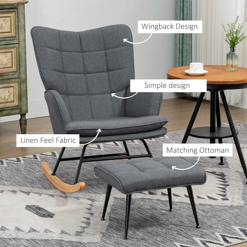 HOMCOM Krzesło Bujane z Podnóżkiem, Komfortowe, do 130 kg, Wygląd Lnu, 64x89x90 cm, Szary