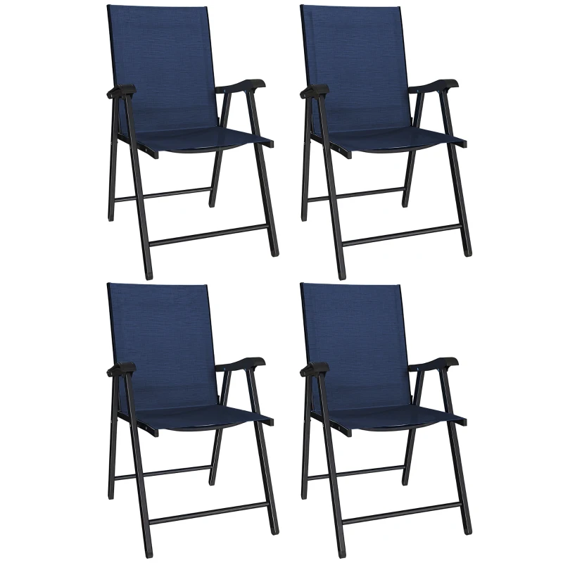 Outsunny Folding Garden Chairs Set of 4, Foldable Garden Dining Chairs with High Back, Armrests, Texteline Seat, Navy Blue