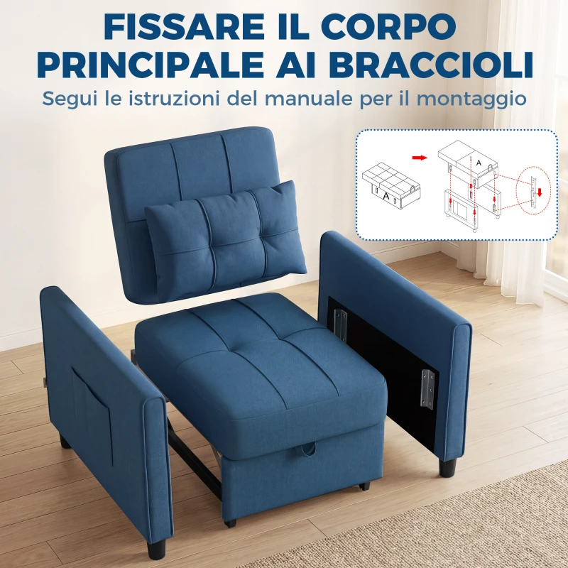 HOMCOM Poltrona Letto Pieghevole con Schienale Regolabile e Cuscino, Blu