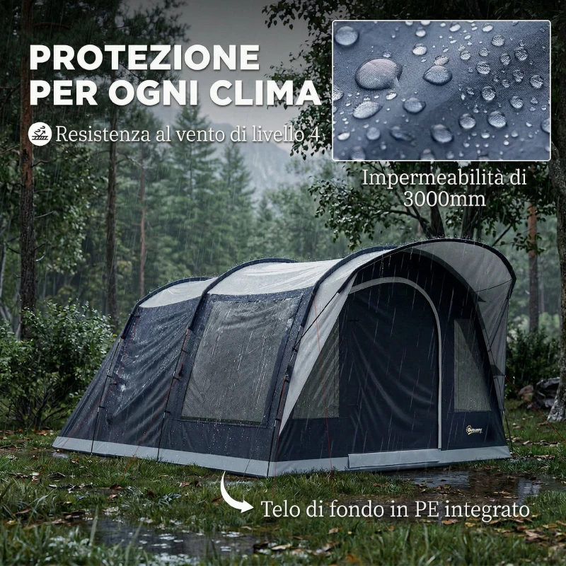 Outsunny Tenda Tunnel 2-4 Persone, Camera da Letto, Zona Giorno, Impermeabile, 480x300x213 cm, Blu Navy