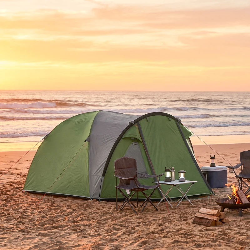 Outsunny Tenda campeggio 4 persone con 2 camere, finestre e telo fondo, 323x248x150 cm, Verde
