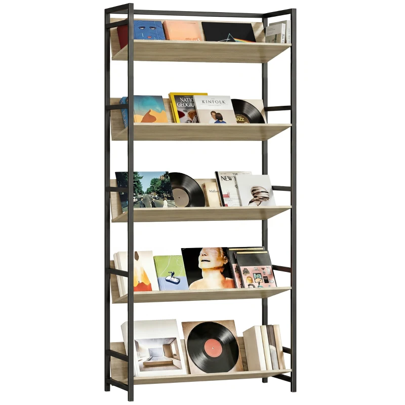 HOMCOM Bookshelf 5-Tier Metal Frame Bookcase Storage Shelves for Living Room Oak