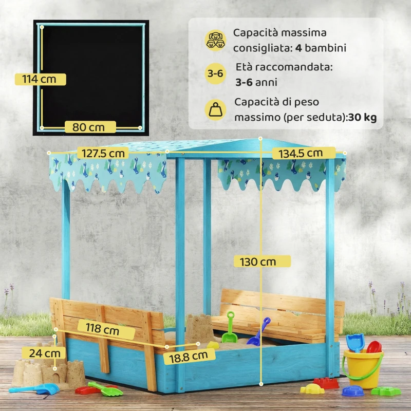 AIYAPLAY Sabbiera per Bambini 3-6 Anni con Tettuccio Dinosauri, Sedute Pieghevoli, Coperchio e Fodera Inclusa, Sabbionaia per Bambini in Legno di Abete, 134.5x127.5x130 cm, Blu