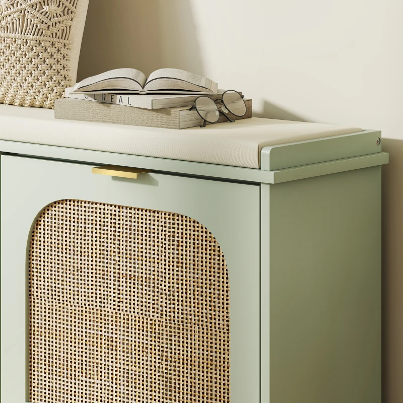 HOMCOM Banco para sapatos, banco de arrumação, assento almofadado, gavetas dobráveis, porta em vime, 104 x 26 x 47,5 cm, verde