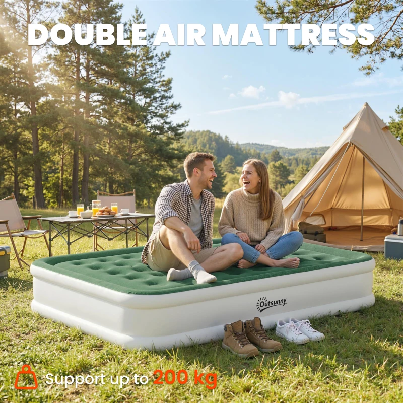 Outsunny Inflatable Mattress, Double Air Bed with Built-in Electric Pump, 3 Mins Inflation, Flocked Surface, Dark Green