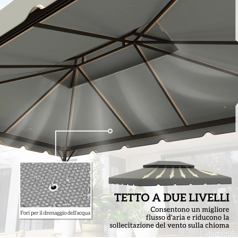 Outsunny Tetto per Gazebo 3x4 m a 2 Livelli con 8 Fori di Drenaggio in Poliestere Grigio Chiaro