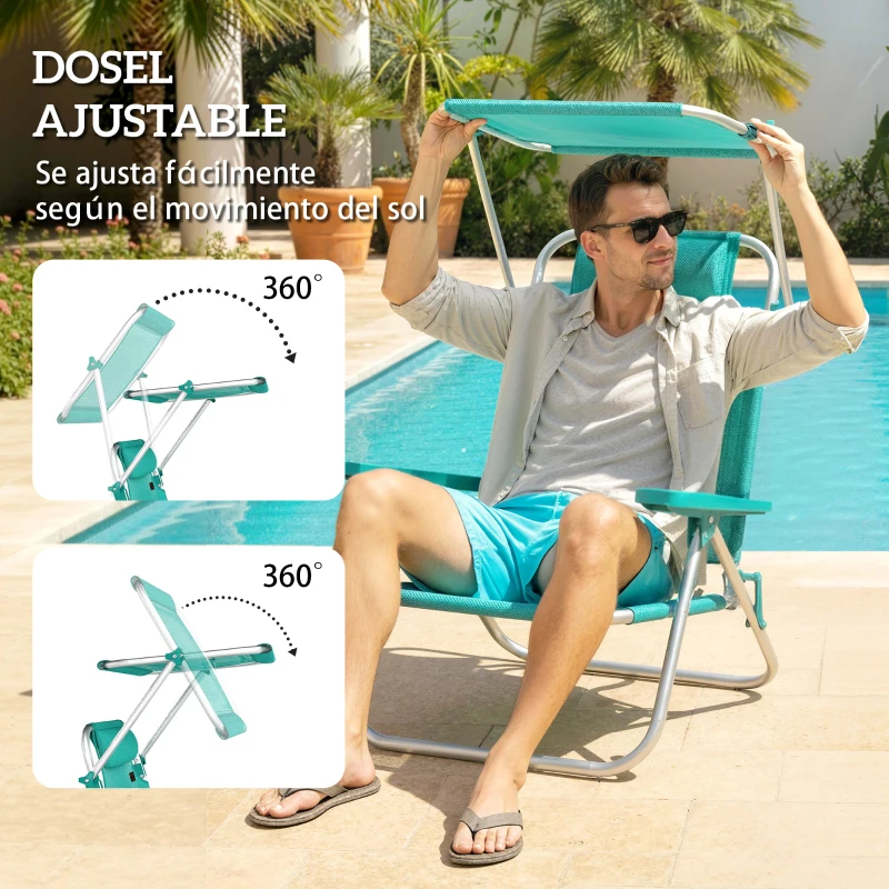 Outsunny Juego de 2 Sillas de Playa Plegables con Dosel Ajustable Respaldo Reclinable en 6 Posiciones Reposacabezas Turquesa