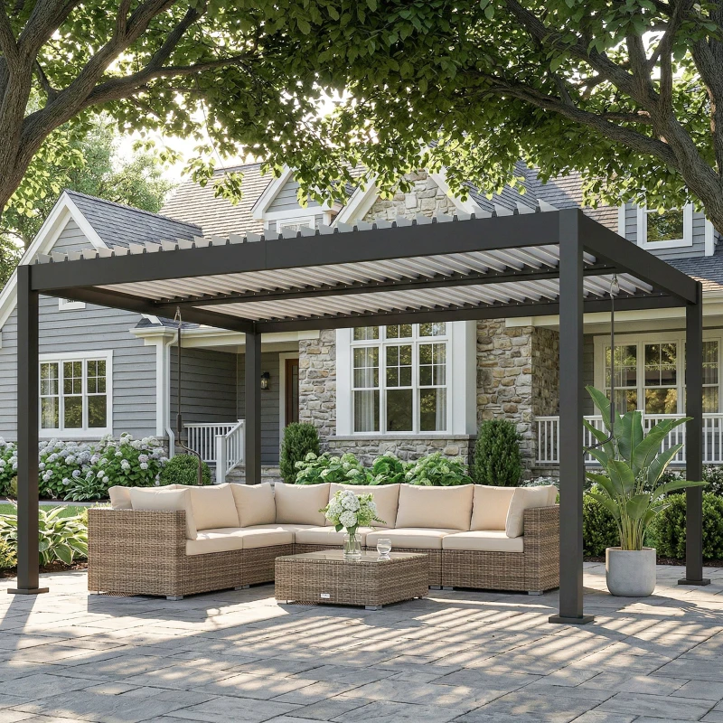 Outsunny Pergola Bioclimatique 4x3m en Aluminium à Toit Louvred Ajustable, Protection Soleil, pour Jardin Extérieur, Blanc