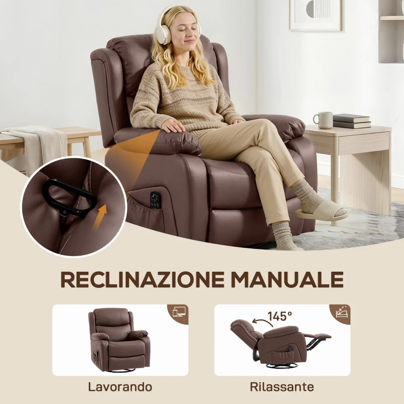 HOMCOM Poltrona Relax Reclinabile con 8 Punti Massaggianti, Riscaldanti e Poggiapiedi, 87x97X100 cm, Marrone