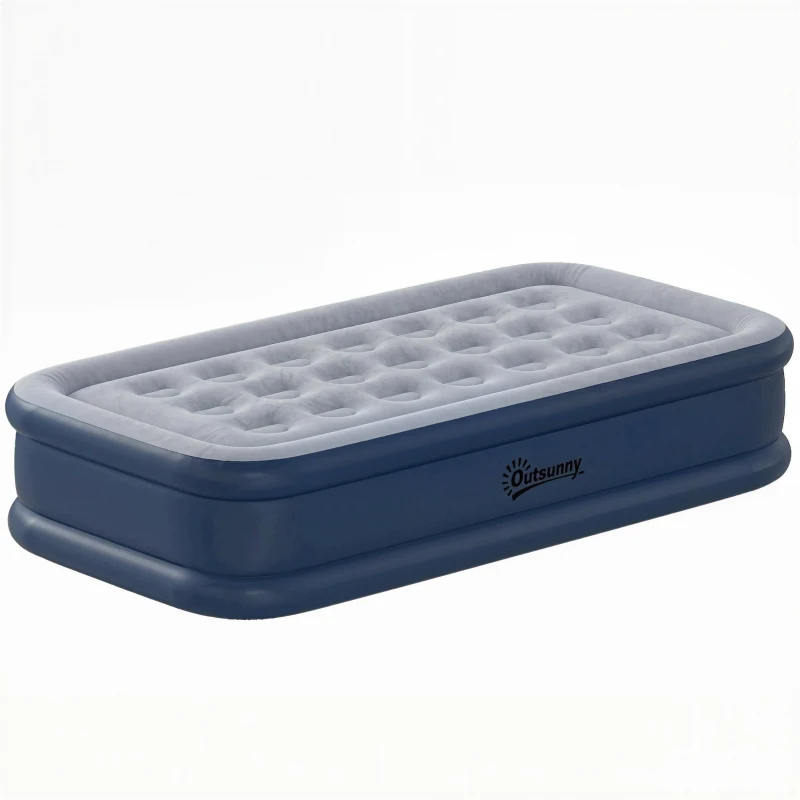 Outsunny Inflatable Mattress, Single Air Bed with Built-in Electric Pump, 3 Mins Inflation, Flocked Surface, Grey