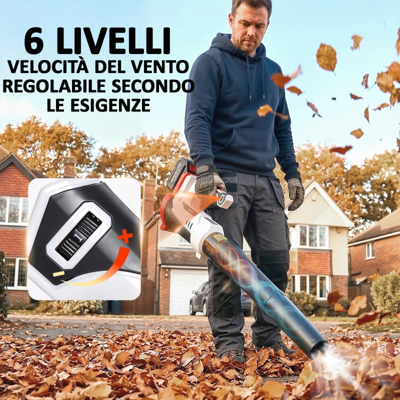 Outsunny Soffiatore per Foglie Cordless con Batteria da 4000mAh e Caricatore, 18V, Leggero con 6 Livelli di Velocità