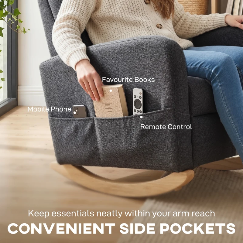 HOMCOM Upholstered Rocking Chair Retractable Footrest Rocker Chair High Back for Living Room Grey