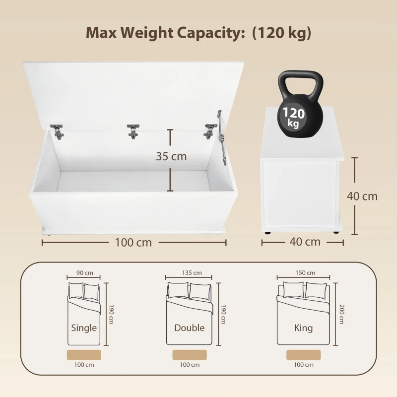 HOMCOM Truhe Aufbewahrungsbox Sitztruhe mit Stauraum Sicherheitsscharniere Holzkiste mit klappbarem Deckel für Wohnzimmer, Schlafzimmer, Spanplatte Weiß 100 x 40 x 40cm