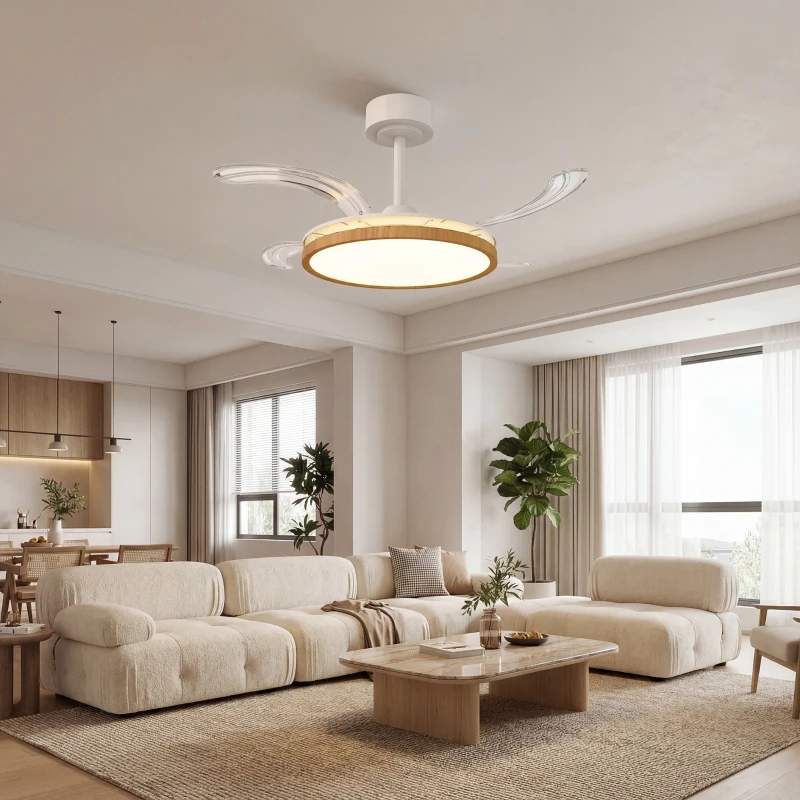 HOMCOM Ventilateur de plafond avec lumière et télécommande, plafonnier ventilateur 95 cm avec pales rétractables, bois naturel