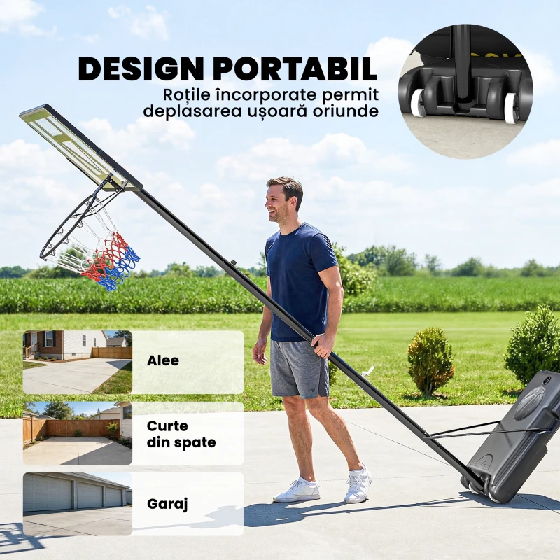 SPORTNOW Coș de Baschet Exterior Reglabil pe Înălțime 135-305 cm, Coș de Baschet cu Roți, Bază Umplibilă, Sac de Greutate, Panou Rezistent, Portabil pentru Interior și Exterior, Negru