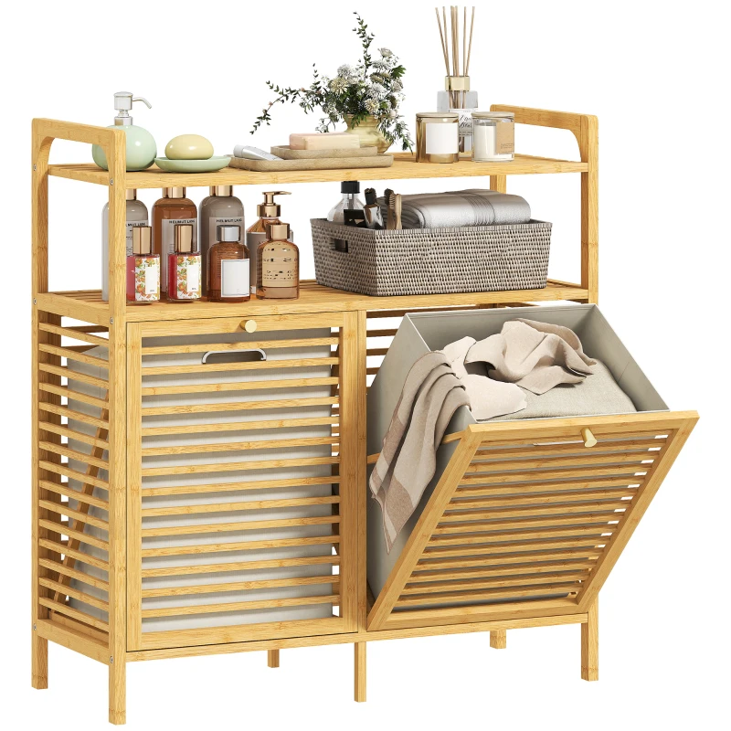 HOMCOM Double Tilt Out Bamboo Laundry Cabinet, Freestanding Bathroom Cabinet with 2 Removable Baskets, Natural