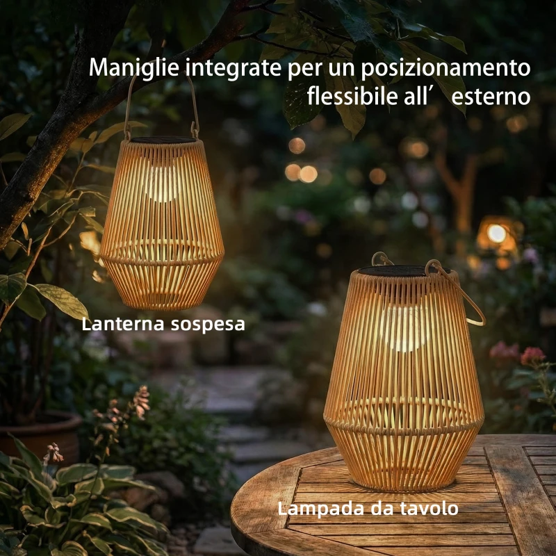 Outsunny Set di 2 Lampade Solari in Rattan,con Accensione/Spegnimento Automatico, IP44, 16x16x21 cm, Marrone