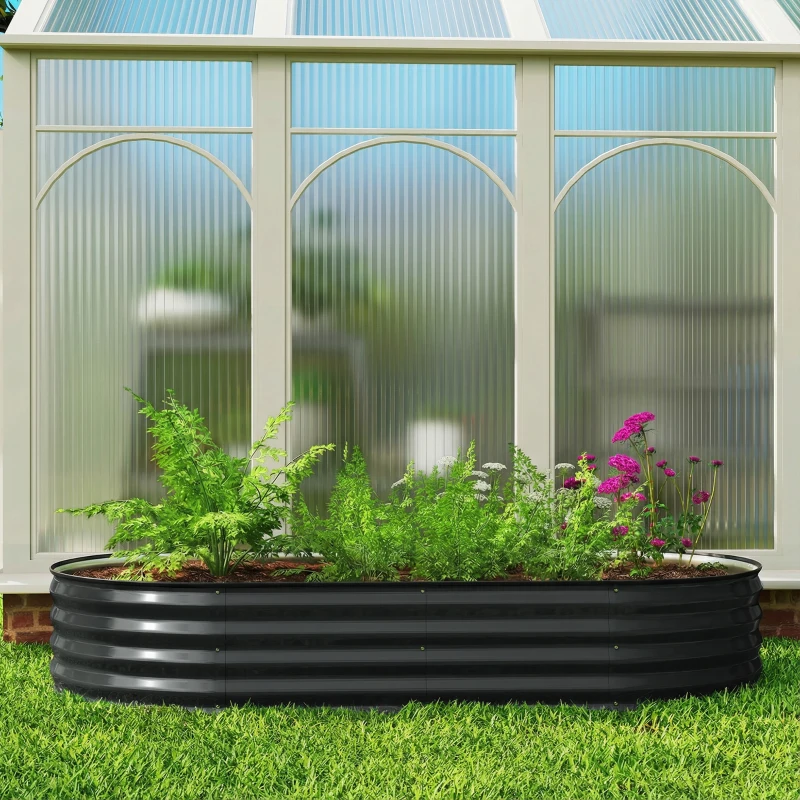Outsunny Galvanised Raised Garden Bed, Metal Planter Box with Safety Edging, for Flowers, Herbs, Succulents, Dark Grey