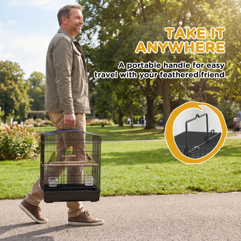 PawHut Jaula para Pájaros 46,5x36x59 cm con 2 Comederos 2 Perchas Columpio Bandeja Extraíble y Marco de Acero Negro