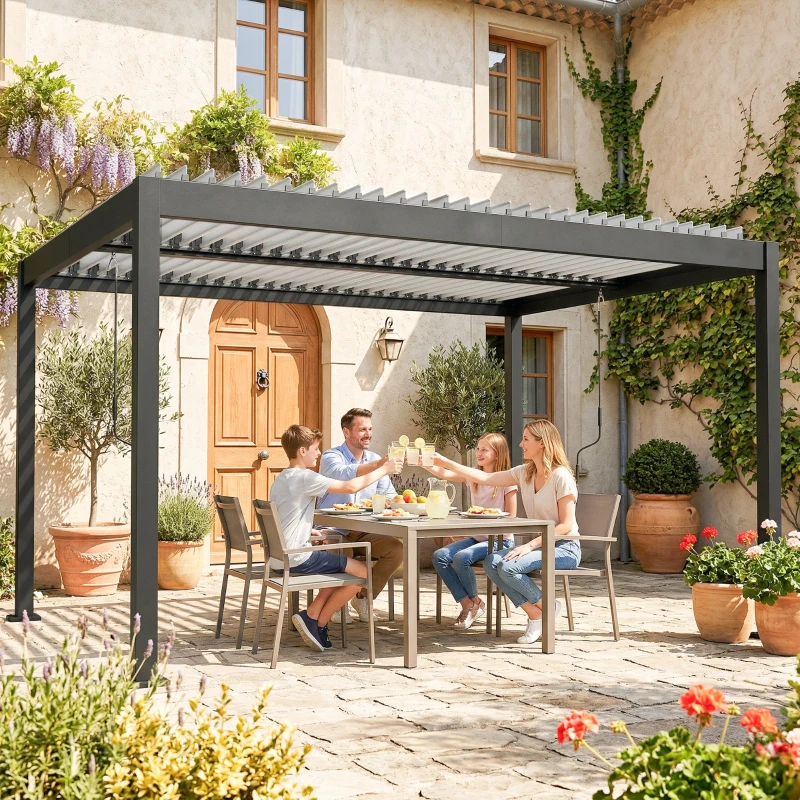Outsunny Pergola Bioclimatique 4x3m en Aluminium à Toit Louvred Ajustable, Protection Soleil, pour Jardin Extérieur, Blanc