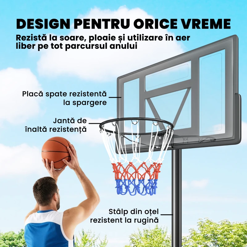 SPORTNOW Coș de Baschet Exterior Reglabil pe Înălțime 135-305 cm, Coș de Baschet cu Roți, Bază Umplibilă, Sac de Greutate, Panou Rezistent, Portabil pentru Interior și Exterior, Negru