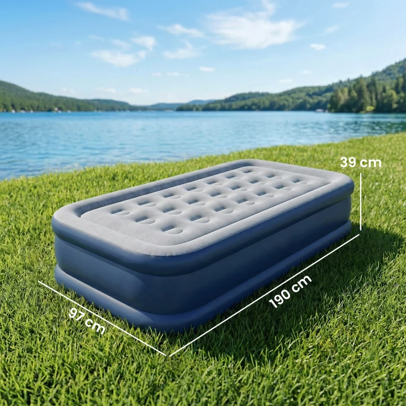 Outsunny Inflatable Mattress, Single Air Bed with Built-in Electric Pump, 3 Mins Inflation, Flocked Surface, Grey