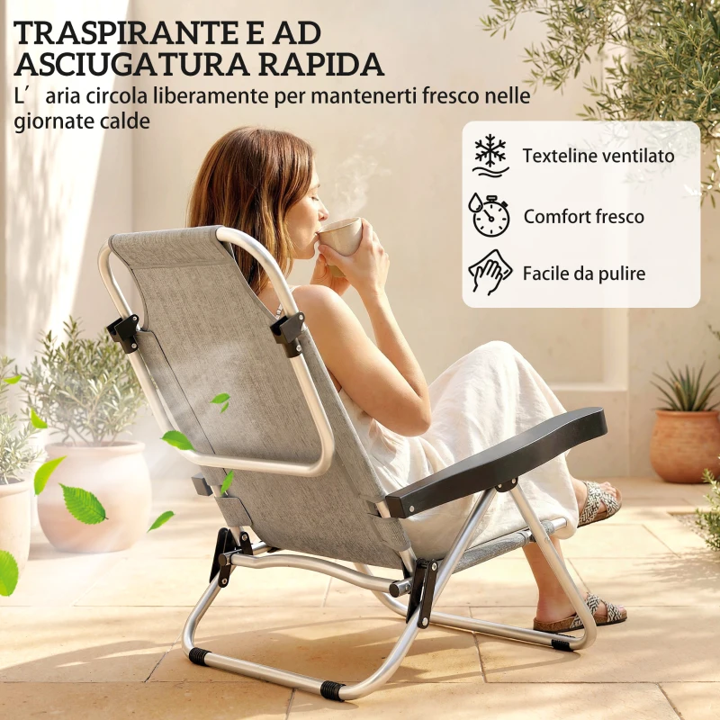 Outsunny Set 2 Sedie a Sdraio Pieghevoli e Reclinabili su 4 Posizioni con Poggiatesta, in Alluminio, 62x61x80 cm, Grigio