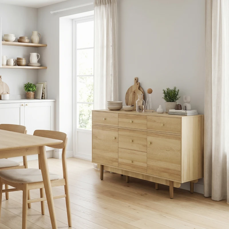 HOMCOM Sideboard with 5 Drawers and 2 Cabinets Buffet Cabinet with Solid Wood Legs 136 cm Walnut