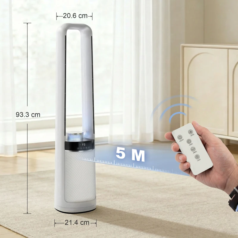 HOMCOM Ventilator de Podea Fără Pale pentru Dormitor, Silențios 36dB, cu Oscilație la 45°, Lumini LED, 3 Viteze, Temporizator 12H, Telecomandă, 94 cm, Alb