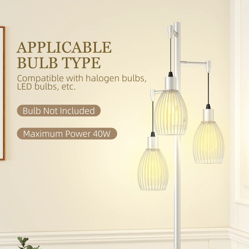 HOMCOM 3-Light Floor Lamp, 170cm Industrial Dimmable Standing Lamp with Steel Wire Cage Lampshades for Living Room, Bedroom, Dining Room, Study, Bulb Not Included, Silver Tone