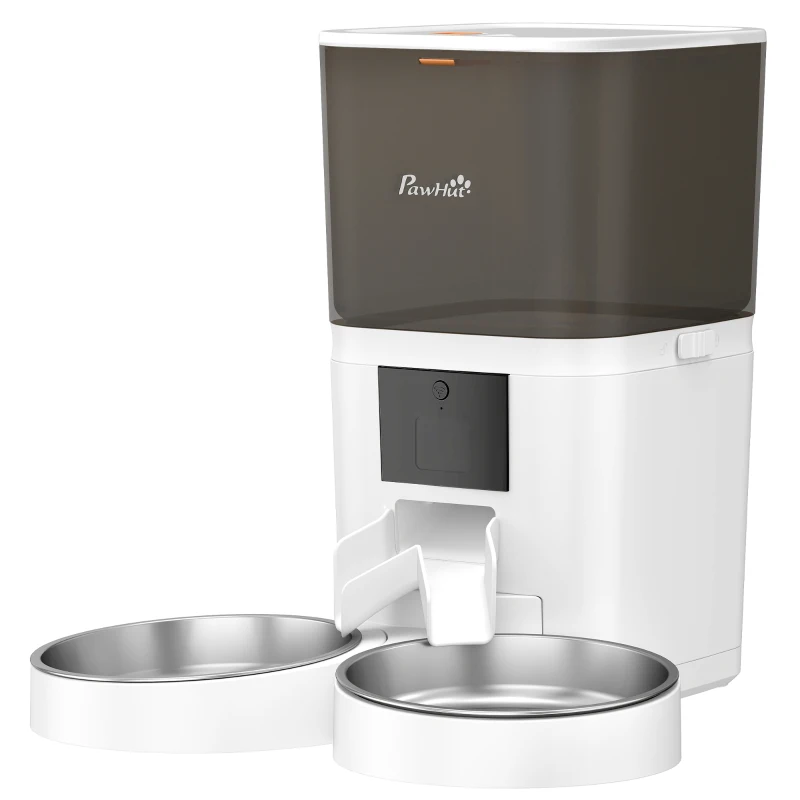 PawHut Distributore Automatico Cibo Gatti 6L WiFi 2.4G, App Controllo con Timer, 1-10 Pasti al Giorno, Registratore 10s, 2 Ciotole in Acciaio Inox