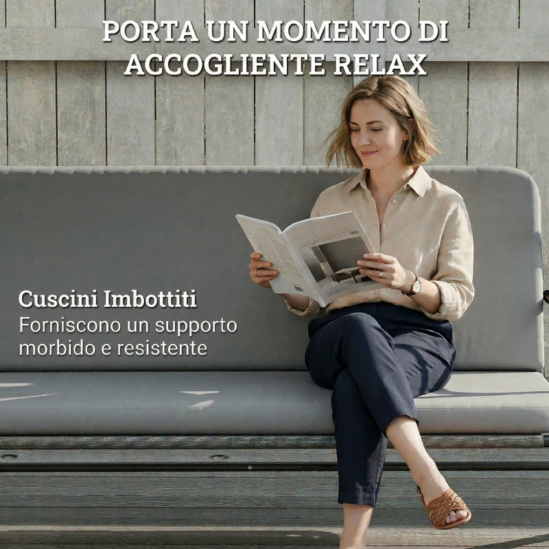 Outsunny Dondolo 3 Posti con Tettoia Regolabile e Cuscino, in Acciaio, Texteline e Poliestere, 208x125x180 cm, Grigio