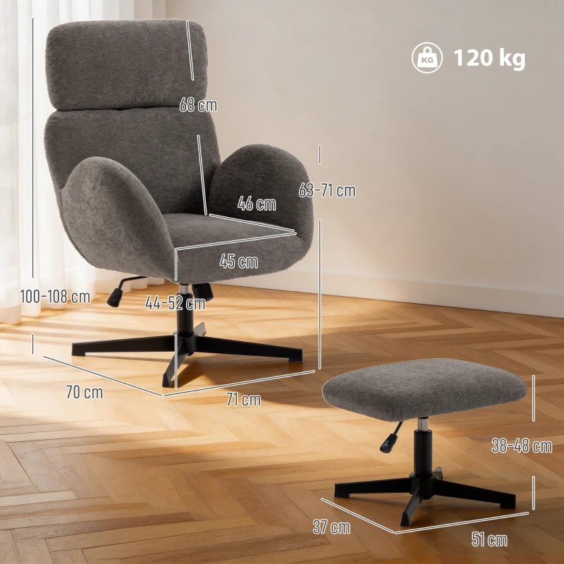 HOMCOM Drehbarer Sessel mit Fußhocker, höhenverstellbarer Akzentstuhl mit verstellbarer Kopfstütze, Schaukel-Funktion, Grau