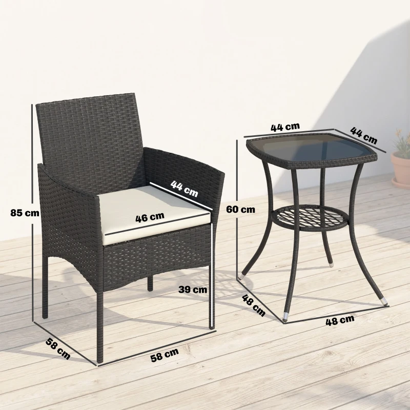 Outsunny 3 Piece Rattan Bistro Set, PE Wicker Garden Furniture Conversation Set with 2 Tier Glass-Top Table, Chairs, Cream White