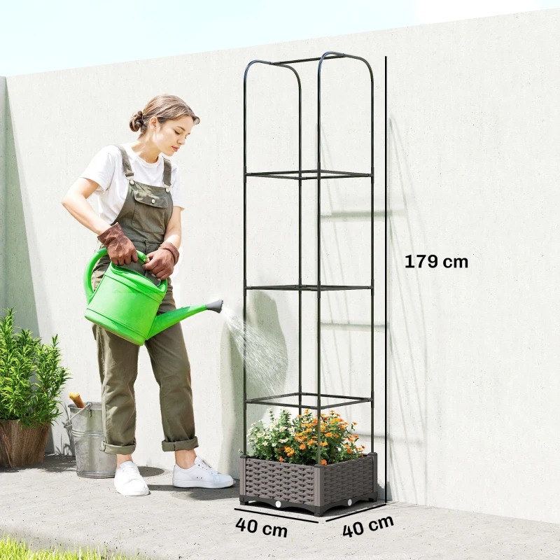 Outsunny Raised Garden Bed with Trellis, Plastic Planter Box with Drainage Holes, Drain Plugs and Water Reservoirs