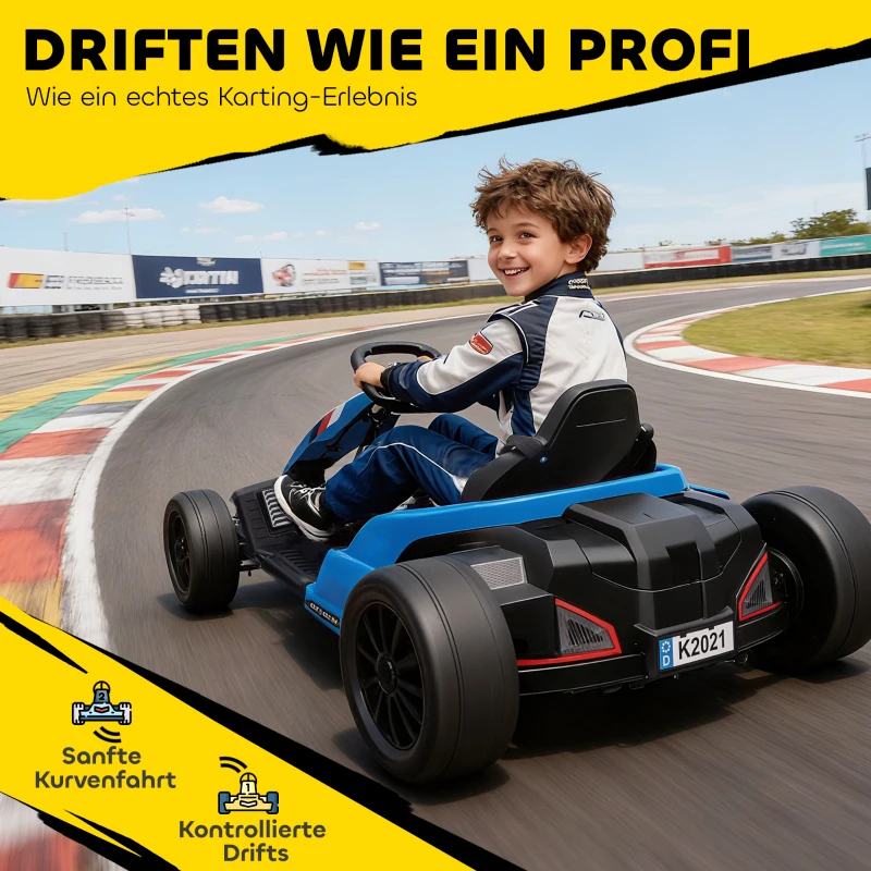 AIYAPLAY 24V Elektrisches Go-Kart, Drift-Modus, verstellbarer Sitz, 5-Punkt-Sicherheitsgurt, Musikfunktion, Hupe, 6-12 Jahre Blau
