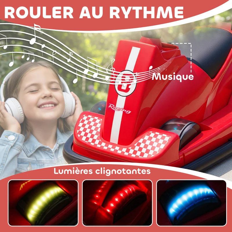 AIYAPLAY Auto-Tamponneuse Enfant 6V, Rotation à 360°, Musique, Klaxon, Démarrage Doux, 2,5 km/h, pour Âges 3-8, 74x53x48cm, Rouge