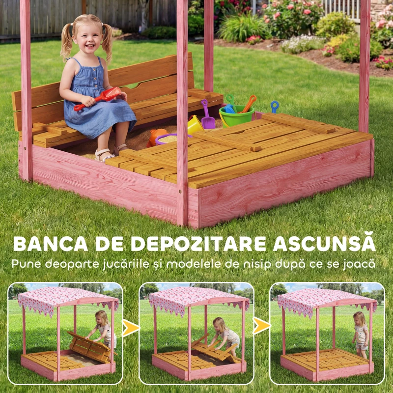 AIYAPLAY Ladă de Nisip pentru Copii 3-6 Ani cu Acoperiș cu Flamingo, Scaune Pliabile, Capac și Husă Incluse, Ladă de Joacă din Lemn de Brad, 134,5x127,5x130 cm, Roz