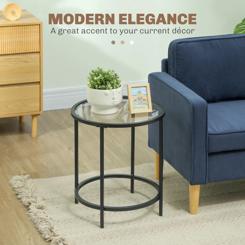 Stolik kawowy okrągły, szklany blatu, metalowa rama, czarny