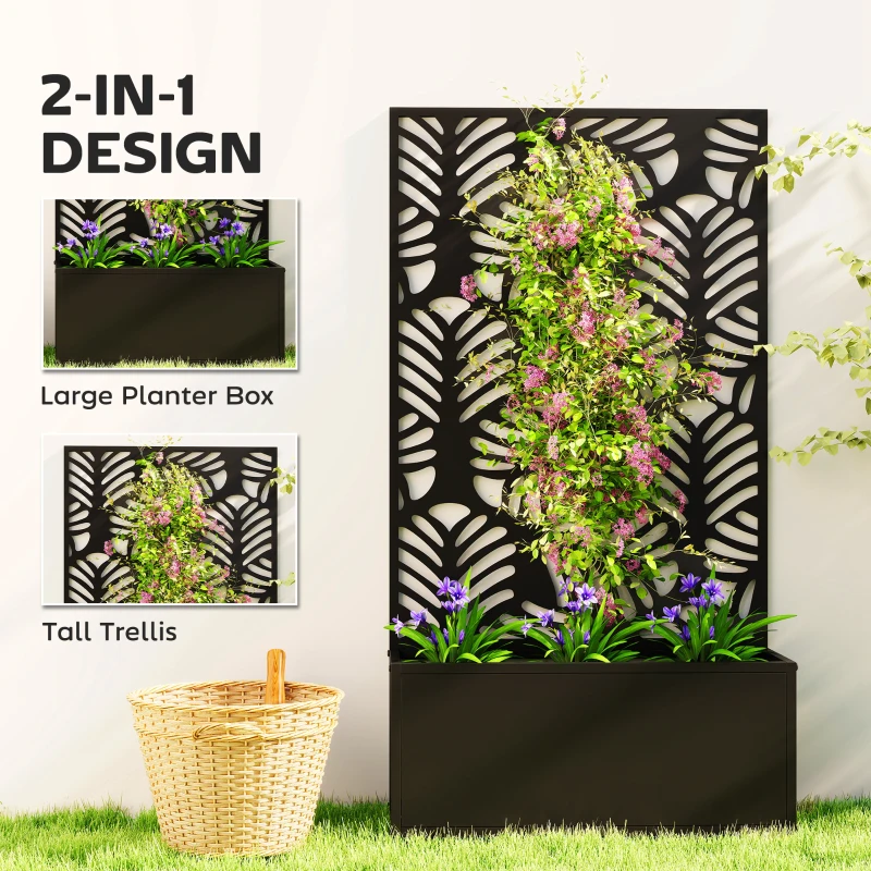 Outsunny Metal Garden Bed for Garden with Trellis, Wall Mounted or Freestanding Raised Planter with Privacy Screen