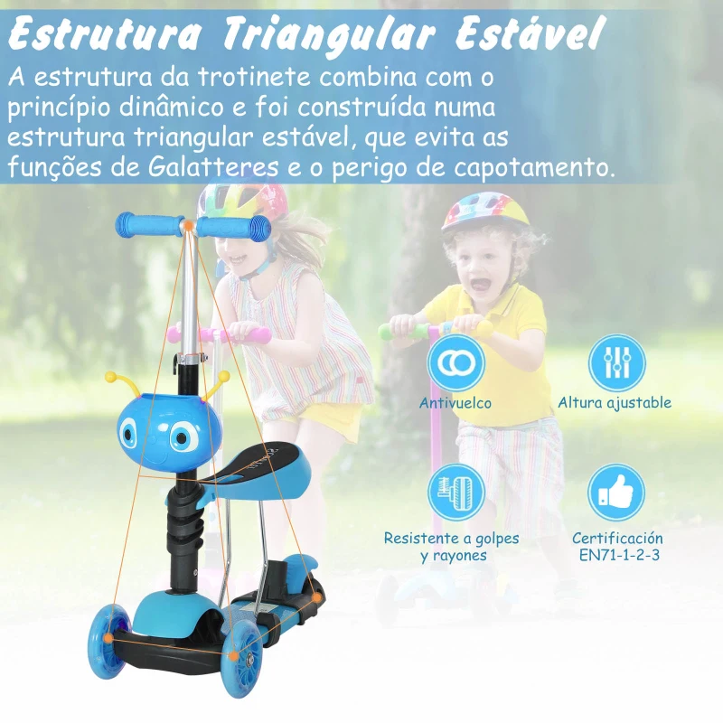 HOMCOM Trotinete 5 em 1 para Crianças com 3 Rodas Assento Removível e Guiador Ajustável Carga Máxima 50 kg 62x25x72,5 cm Azul