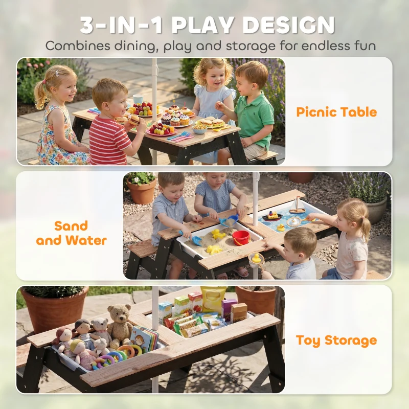 AIYAPLAY Kids Garden Furniture with Parasol, 3 in 1 Wooden Sand and Water Table with 2 Hidden Play Boxes for Patio, Ages 3-6