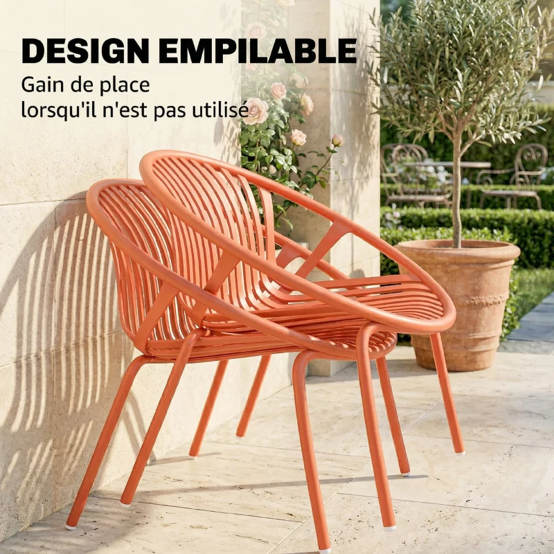 Outsunny Salon de Jardin Ensemble Bistro 3 Pièces Table Basse à Plateau Concave Acier et Polypropylène 80x70x75cm Rouge Brique