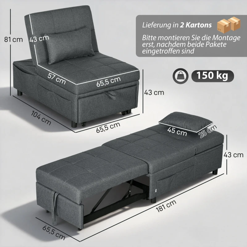 HOMCOM 4-in-1 Multifunktionales Schlafsofa, umklappbarer Schlafsessel mit verstellbarer Rückenlehne und Kissen