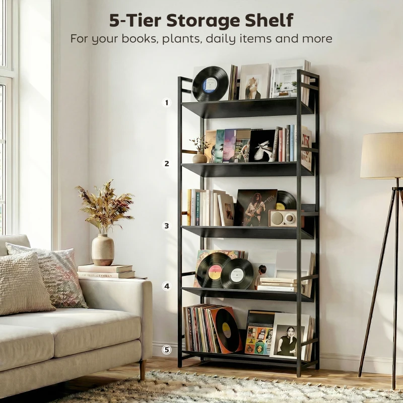 HOMCOM Bookshelf 5-Tier Metal Frame Bookcase Storage Shelves for Living Room Black