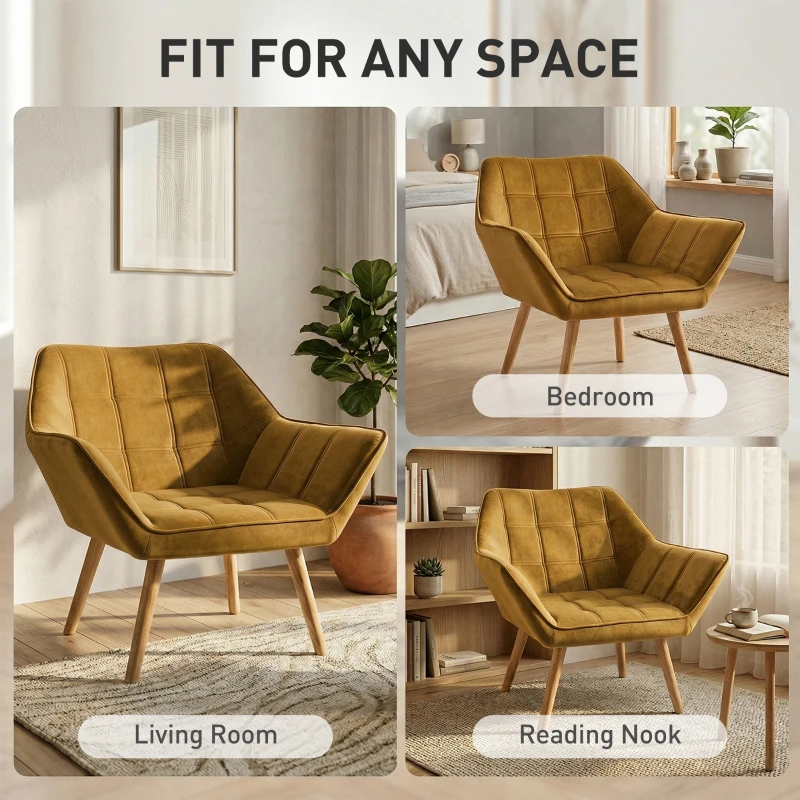 HOMCOM Fotel relaksacyjny z podłokietnikami, welur, żółty, drewniane nogi