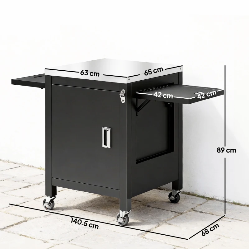 Outsunny Outdoor Grill Cart with Stainless Steel Tabletop, BBQ Table with a Cabinet, Towel Holder, Bottle Opener, Black